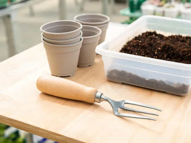 Compact hand fork near nursery pots